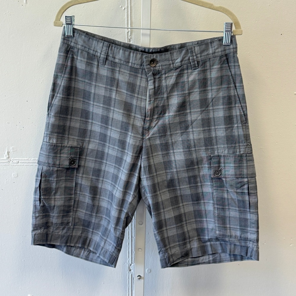 Calvin Klein Mens Grey Plaid Cotton Cargo Shorts Size 30 Casual Lightweight